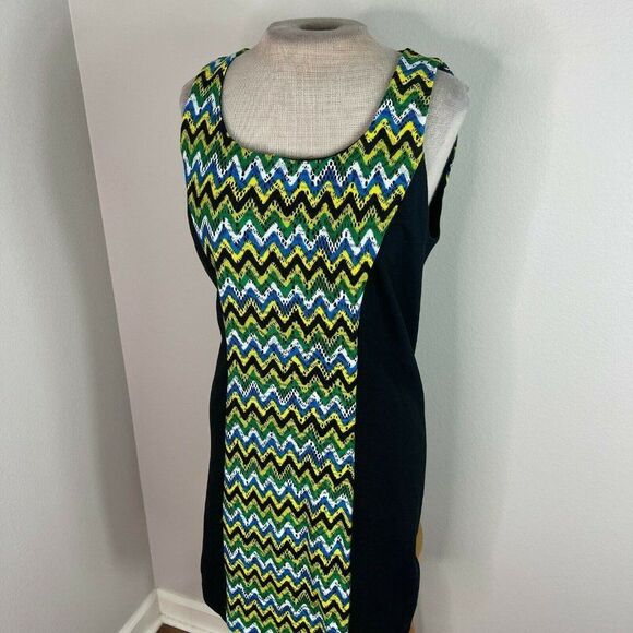 Kensie Chevron Stripe Color Block Sheath Mini Dress Green Blue Black M Medium - Picture 1 of 6